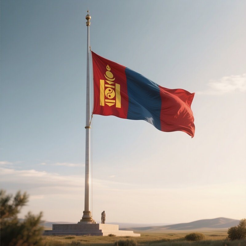 A Photorealistic Scene Of The National Flag Of Mongolia Flying At Half Mast On A Tall Flagpole, Gently Lowering In The Wind Against A Respectful, Calm Backdrop With Soft Natural Lighting.