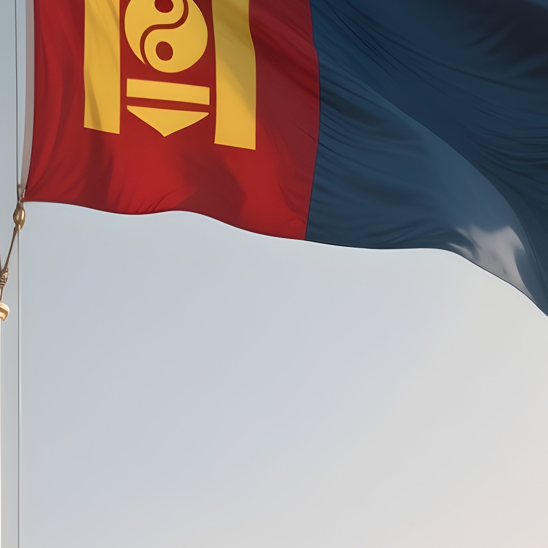 A Photorealistic Scene Of The National Flag Of Mongolia Flying At Half Mast On A Tall Flagpole, Gently Lowering In The Wind Against A Respectful, Calm Backdrop With Soft Natural Lighting. - Full Resolution Quality Preview