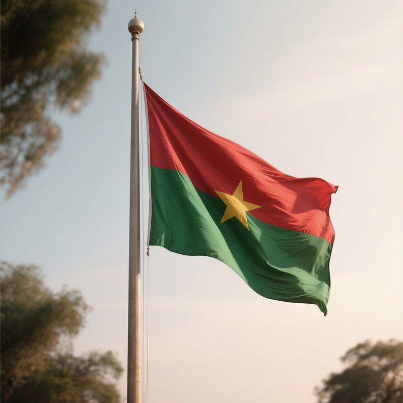 A Photorealistic Scene Of The National Flag Of Burkina Faso Flying At Half Mast On A Tall Flagpole, Gently Lowering In The Wind Against A Respectful, Calm Backdrop With Soft Natural Lighting.