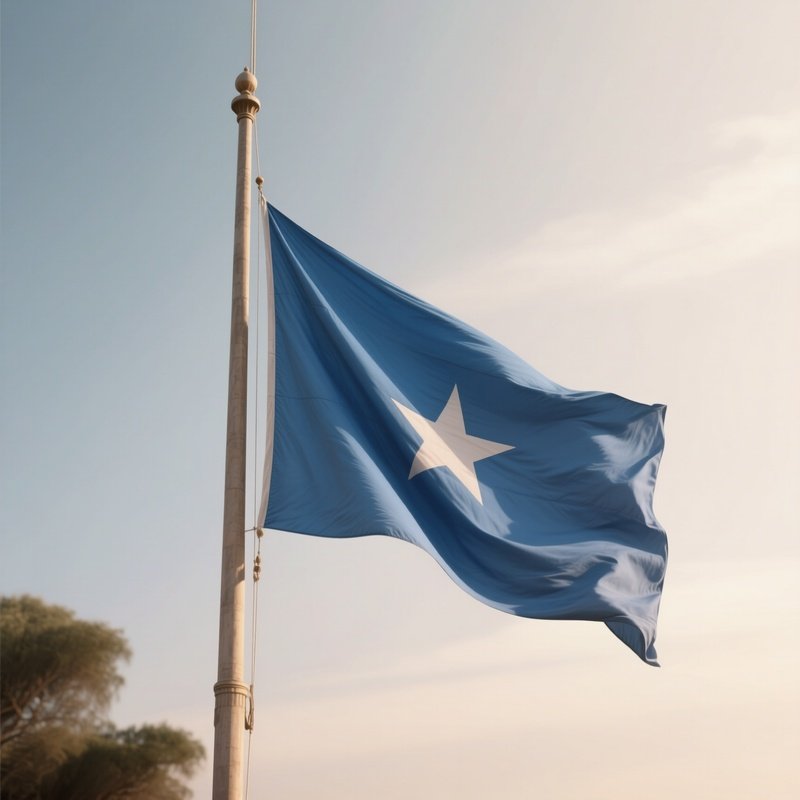A Photorealistic Scene Of The National Flag Of Somalia Flying At Half Mast On A Tall Flagpole, Gently Lowering In The Wind Against A Respectful, Calm Backdrop With Soft Natural Lighting.