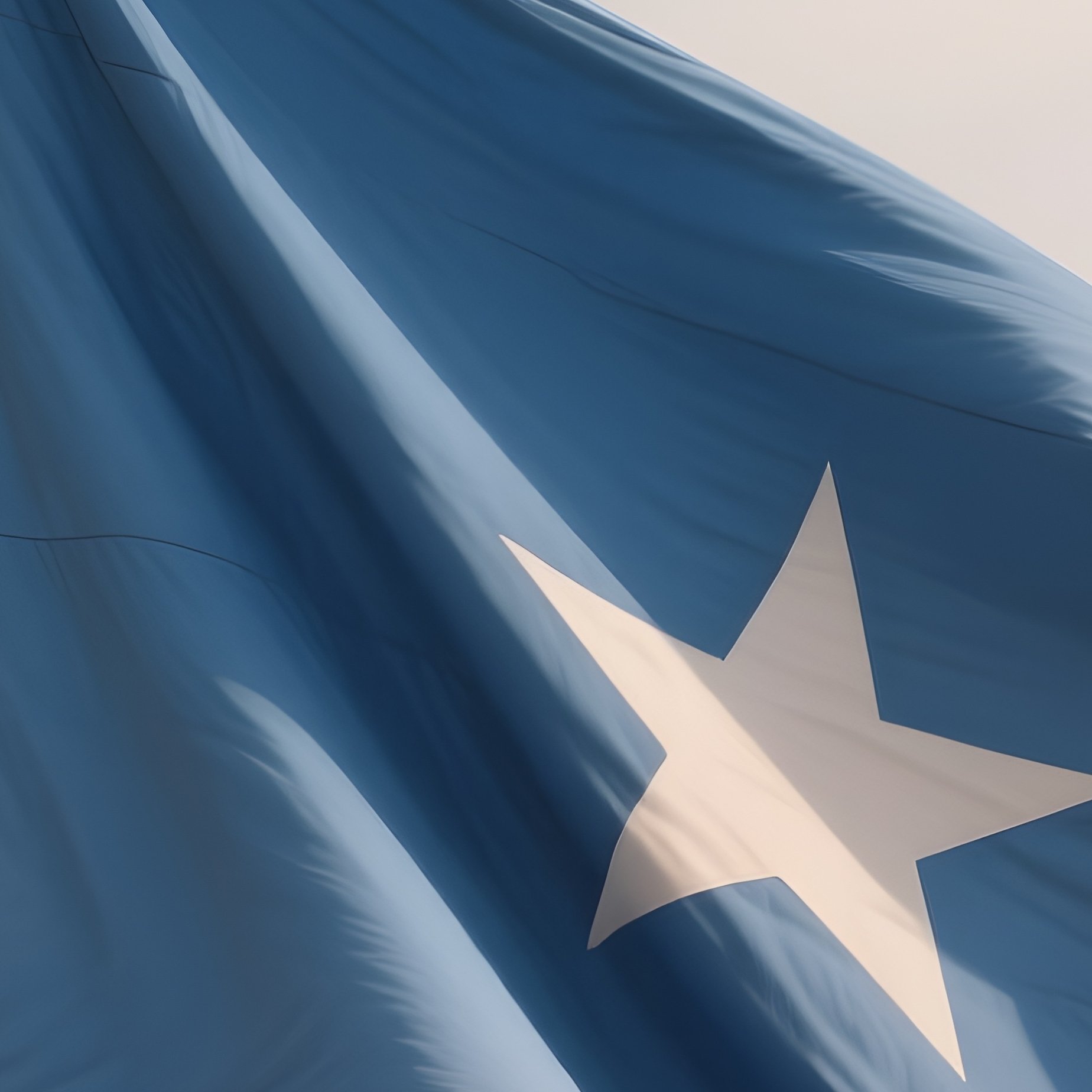 A Photorealistic Scene Of The National Flag Of Somalia Flying At Half Mast On A Tall Flagpole, Gently Lowering In The Wind Against A Respectful, Calm Backdrop With Soft Natural Lighting. - Full Resolution Quality Preview