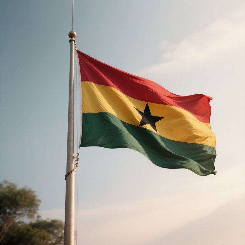 A Photorealistic Scene Of The National Flag Of Ghana Flying At Half Mast On A Tall Flagpole, Gently Lowering In The Wind Against A Respectful, Calm Backdrop With Soft Natural Lighting.