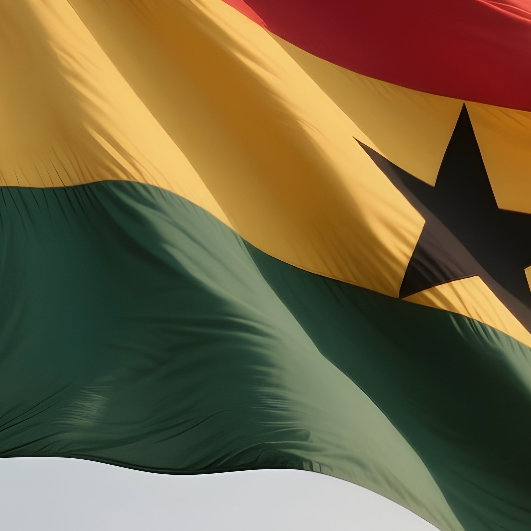 A Photorealistic Scene Of The National Flag Of Ghana Flying At Half Mast On A Tall Flagpole, Gently Lowering In The Wind Against A Respectful, Calm Backdrop With Soft Natural Lighting. - Full Resolution Quality Preview