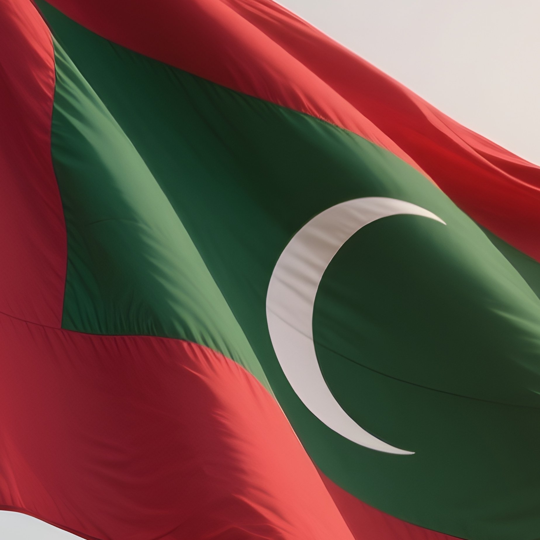A Photorealistic Scene Of The National Flag Of Maldives Flying At Half Mast On A Tall Flagpole, Gently Lowering In The Wind Against A Respectful, Calm Backdrop With Soft Natural Lighting. - Full Resolution Quality Preview