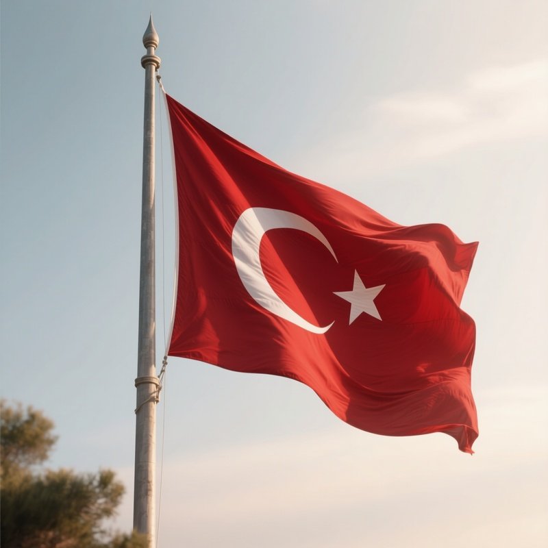 A Photorealistic Scene Of The National Flag Of Turkey Flying At Half Mast On A Tall Flagpole, Gently Lowering In The Wind Against A Respectful, Calm Backdrop With Soft Natural Lighting.