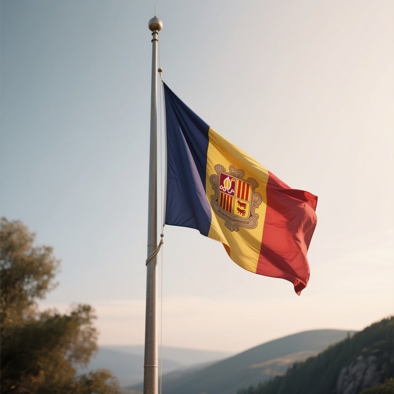 A Photorealistic Scene Of The National Flag Of Andorra Flying At Half Mast On A Tall Flagpole, Gently Lowering In The Wind Against A Respectful, Calm Backdrop With Soft Natural Lighting.