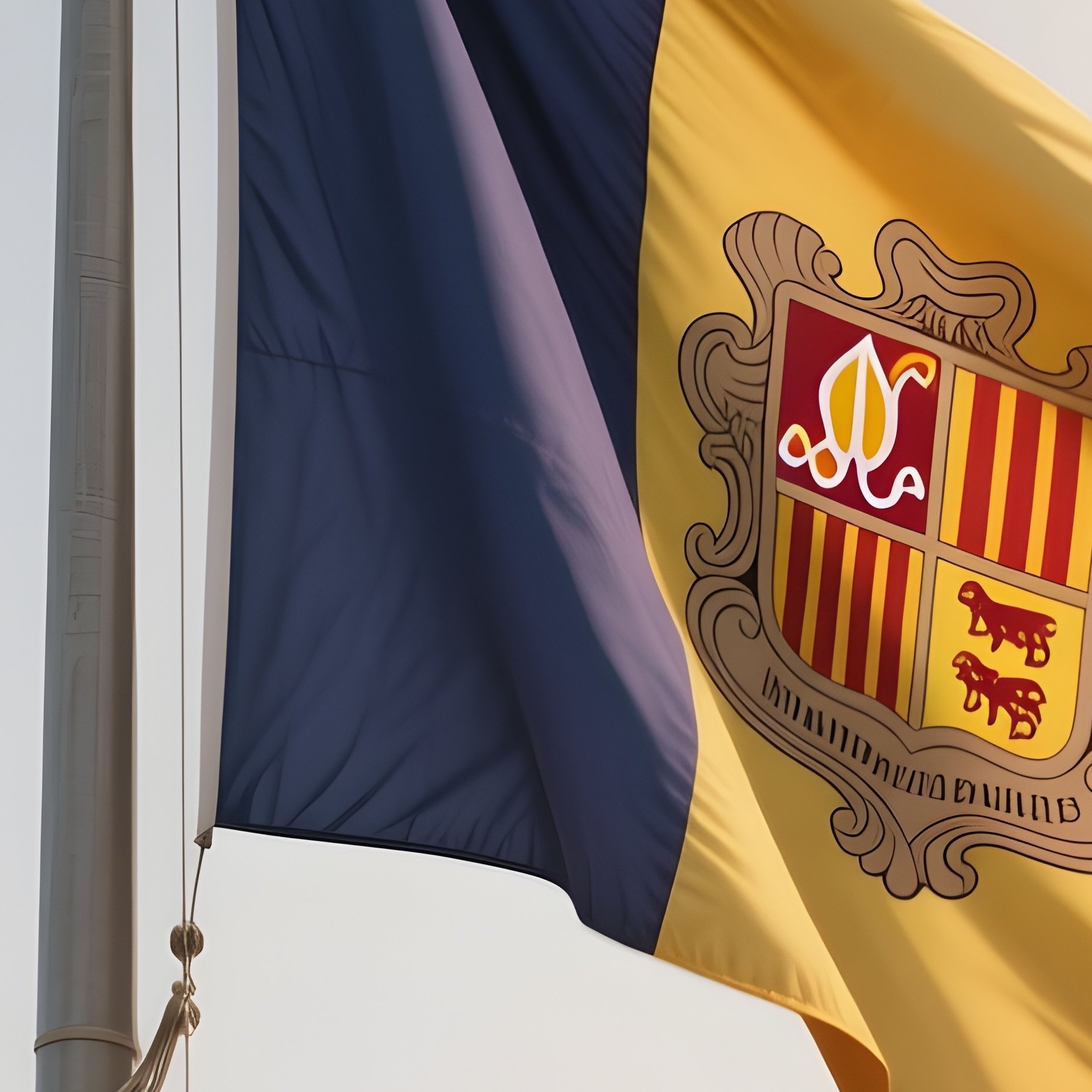 A Photorealistic Scene Of The National Flag Of Andorra Flying At Half Mast On A Tall Flagpole, Gently Lowering In The Wind Against A Respectful, Calm Backdrop With Soft Natural Lighting. - Full Resolution Quality Preview