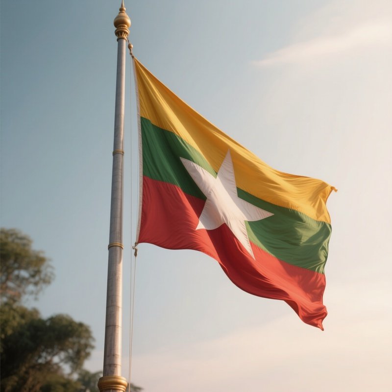 A Photorealistic Scene Of The National Flag Of Myanmar Flying At Half Mast On A Tall Flagpole, Gently Lowering In The Wind Against A Respectful, Calm Backdrop With Soft Natural Lighting.