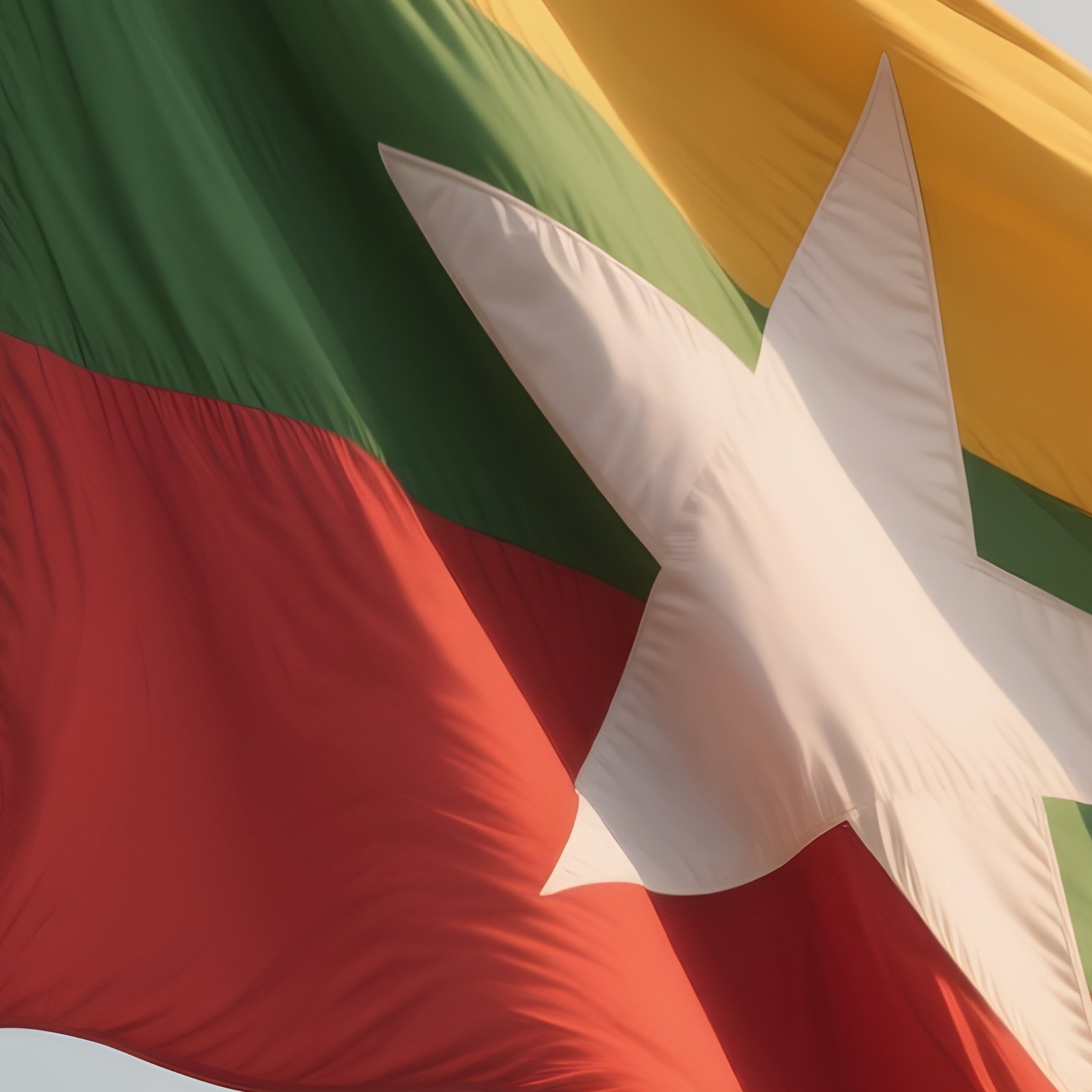 A Photorealistic Scene Of The National Flag Of Myanmar Flying At Half Mast On A Tall Flagpole, Gently Lowering In The Wind Against A Respectful, Calm Backdrop With Soft Natural Lighting. - Full Resolution Quality Preview
