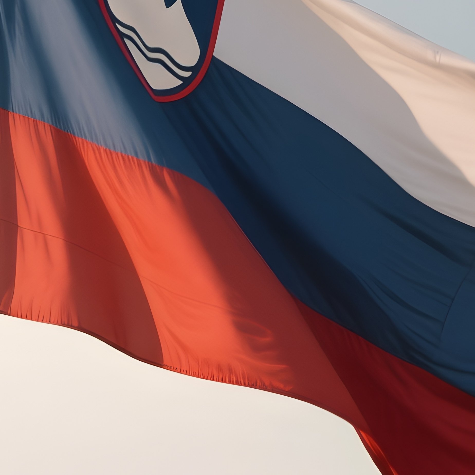 A Photorealistic Scene Of The National Flag Of Slovenia Flying At Half Mast On A Tall Flagpole, Gently Lowering In The Wind Against A Respectful, Calm Backdrop With Soft Natural Lighting. - Full Resolution Quality Preview