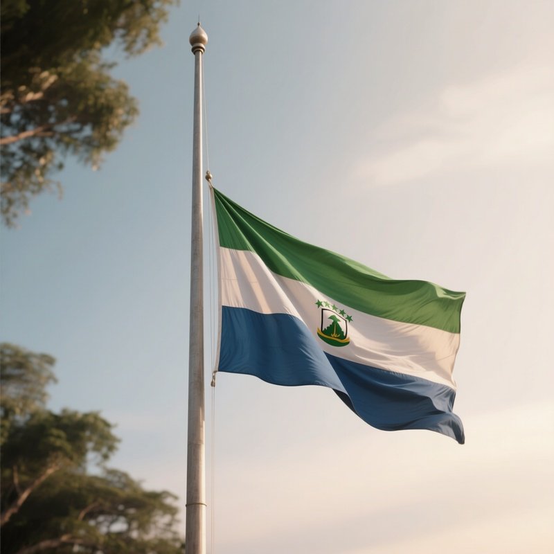 A Photorealistic Scene Of The National Flag Of Sierra Leone Flying At Half Mast On A Tall Flagpole, Gently Lowering In The Wind Against A Respectful, Calm Backdrop With Soft Natural Lighting.