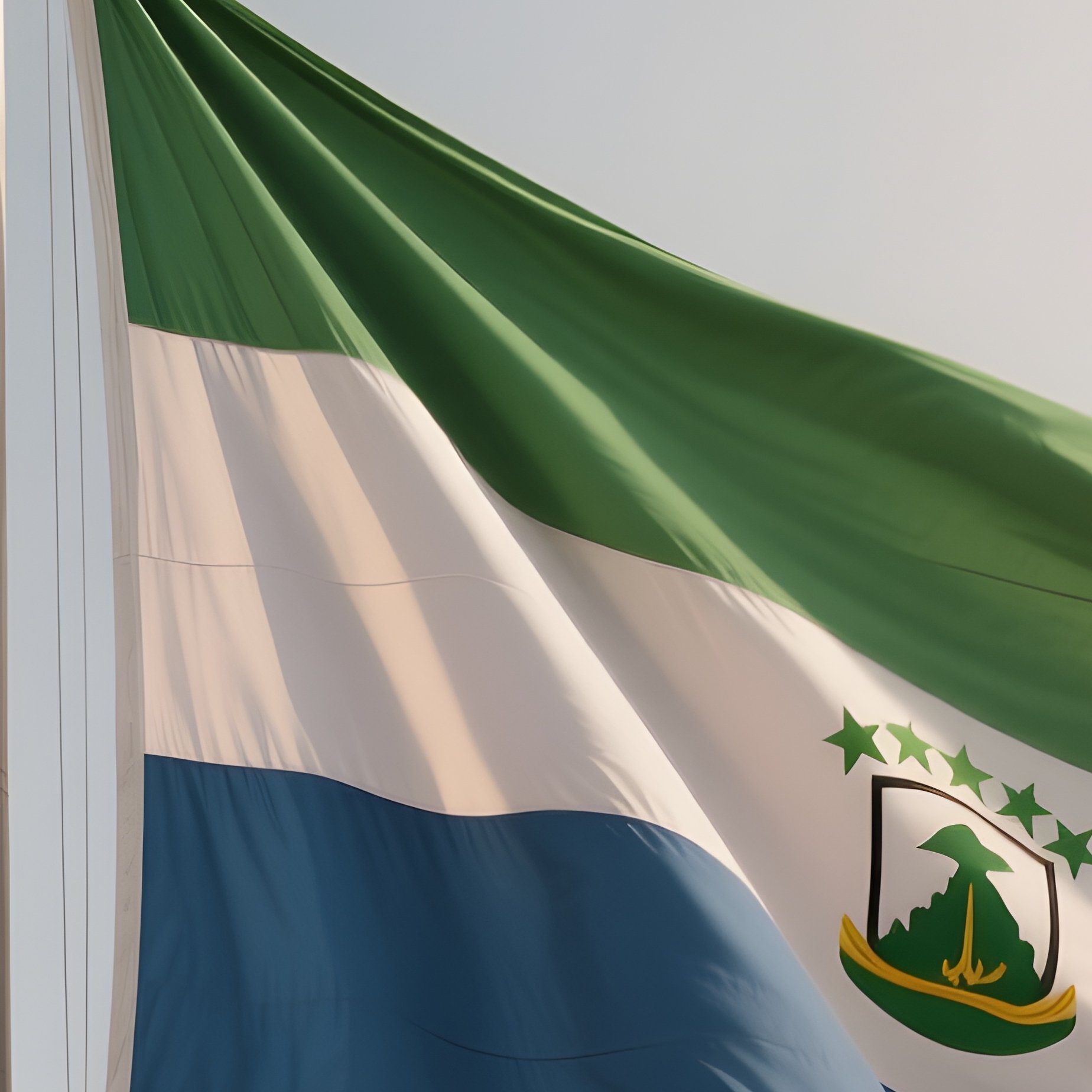 A Photorealistic Scene Of The National Flag Of Sierra Leone Flying At Half Mast On A Tall Flagpole, Gently Lowering In The Wind Against A Respectful, Calm Backdrop With Soft Natural Lighting. - Full Resolution Quality Preview