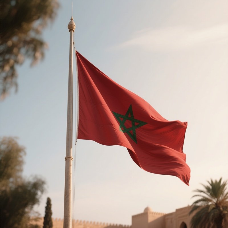 A Photorealistic Scene Of The National Flag Of Morocco Flying At Half Mast On A Tall Flagpole, Gently Lowering In The Wind Against A Respectful, Calm Backdrop With Soft Natural Lighting.