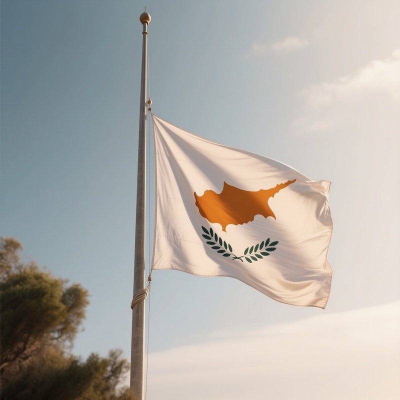 A Photorealistic Scene Of The National Flag Of Cyprus Flying At Half Mast On A Tall Flagpole, Gently Lowering In The Wind Against A Respectful, Calm Backdrop With Soft Natural Lighting.