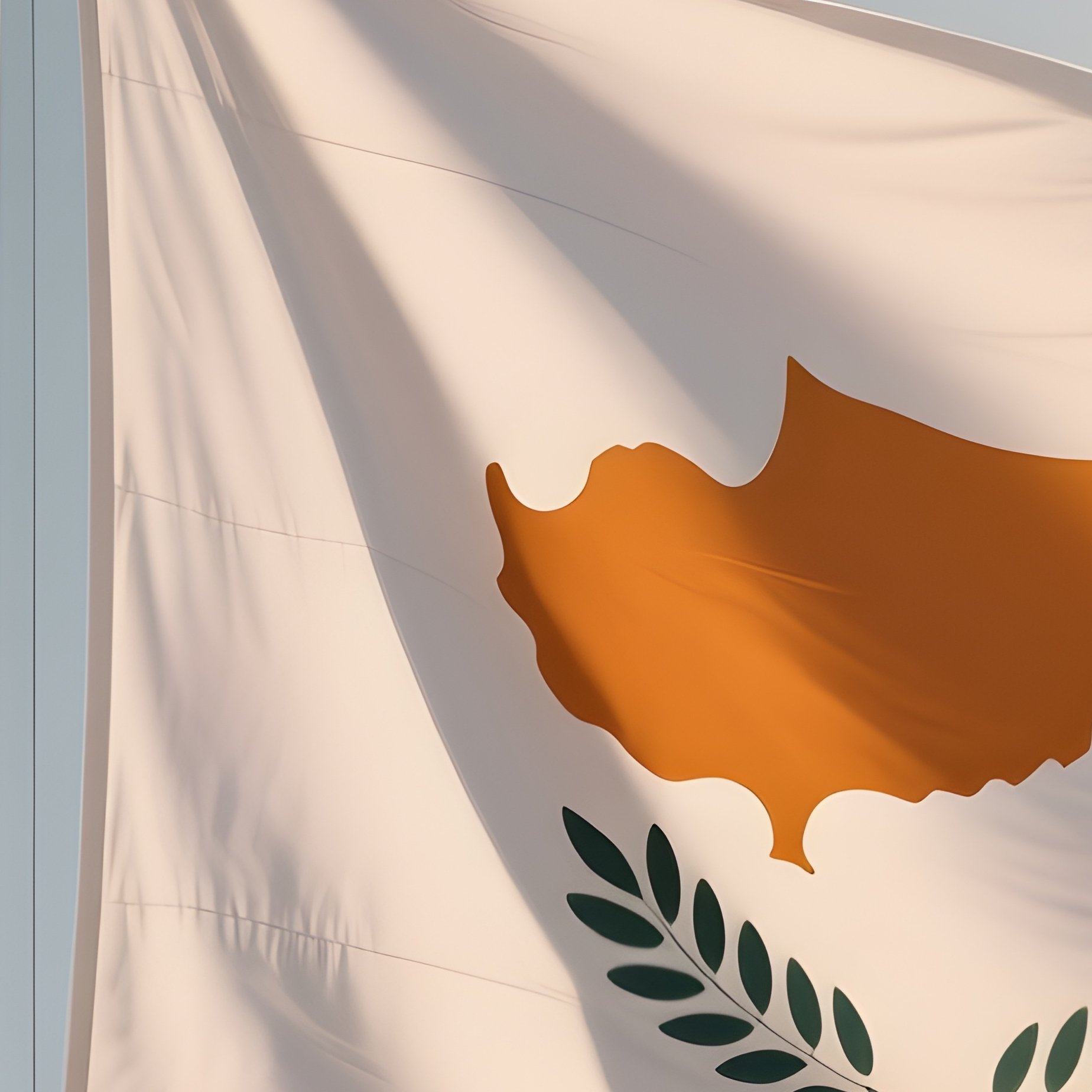 A Photorealistic Scene Of The National Flag Of Cyprus Flying At Half Mast On A Tall Flagpole, Gently Lowering In The Wind Against A Respectful, Calm Backdrop With Soft Natural Lighting. - Full Resolution Quality Preview