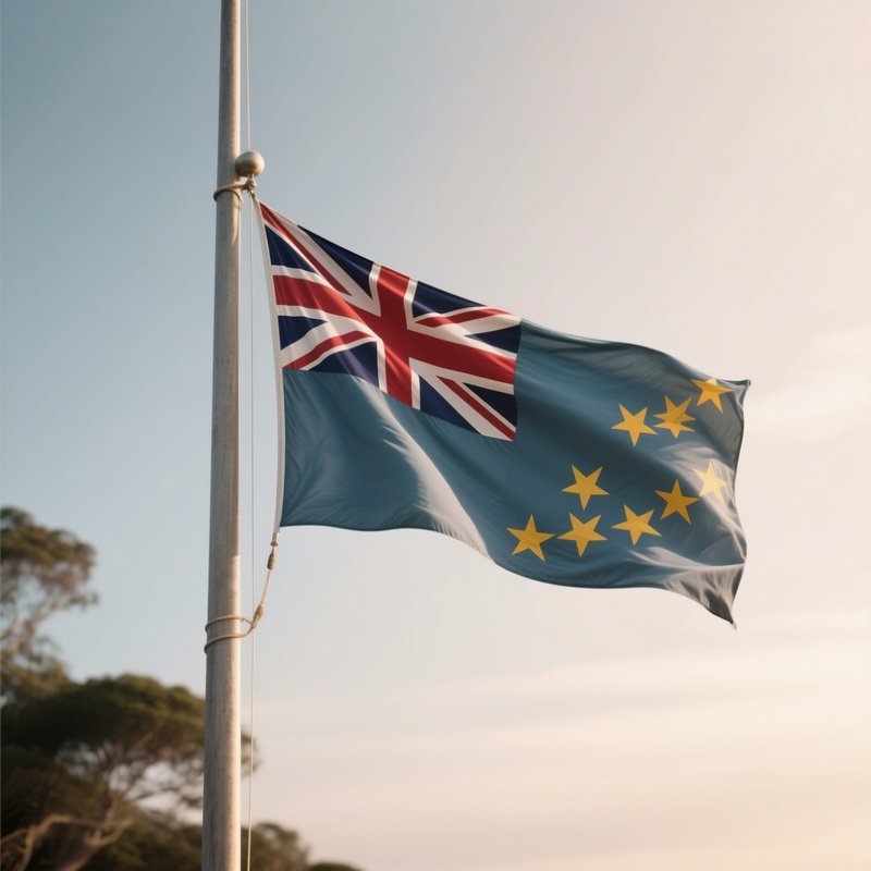 A Photorealistic Scene Of The National Flag Of Tuvalu Flying At Half Mast On A Tall Flagpole, Gently Lowering In The Wind Against A Respectful, Calm Backdrop With Soft Natural Lighting.