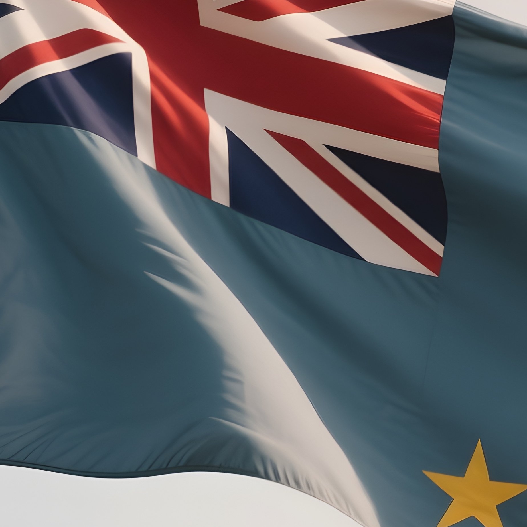 A Photorealistic Scene Of The National Flag Of Tuvalu Flying At Half Mast On A Tall Flagpole, Gently Lowering In The Wind Against A Respectful, Calm Backdrop With Soft Natural Lighting. - Full Resolution Quality Preview