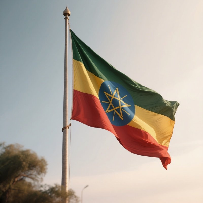A Photorealistic Scene Of The National Flag Of Ethiopia Flying At Half Mast On A Tall Flagpole, Gently Lowering In The Wind Against A Respectful, Calm Backdrop With Soft Natural Lighting.