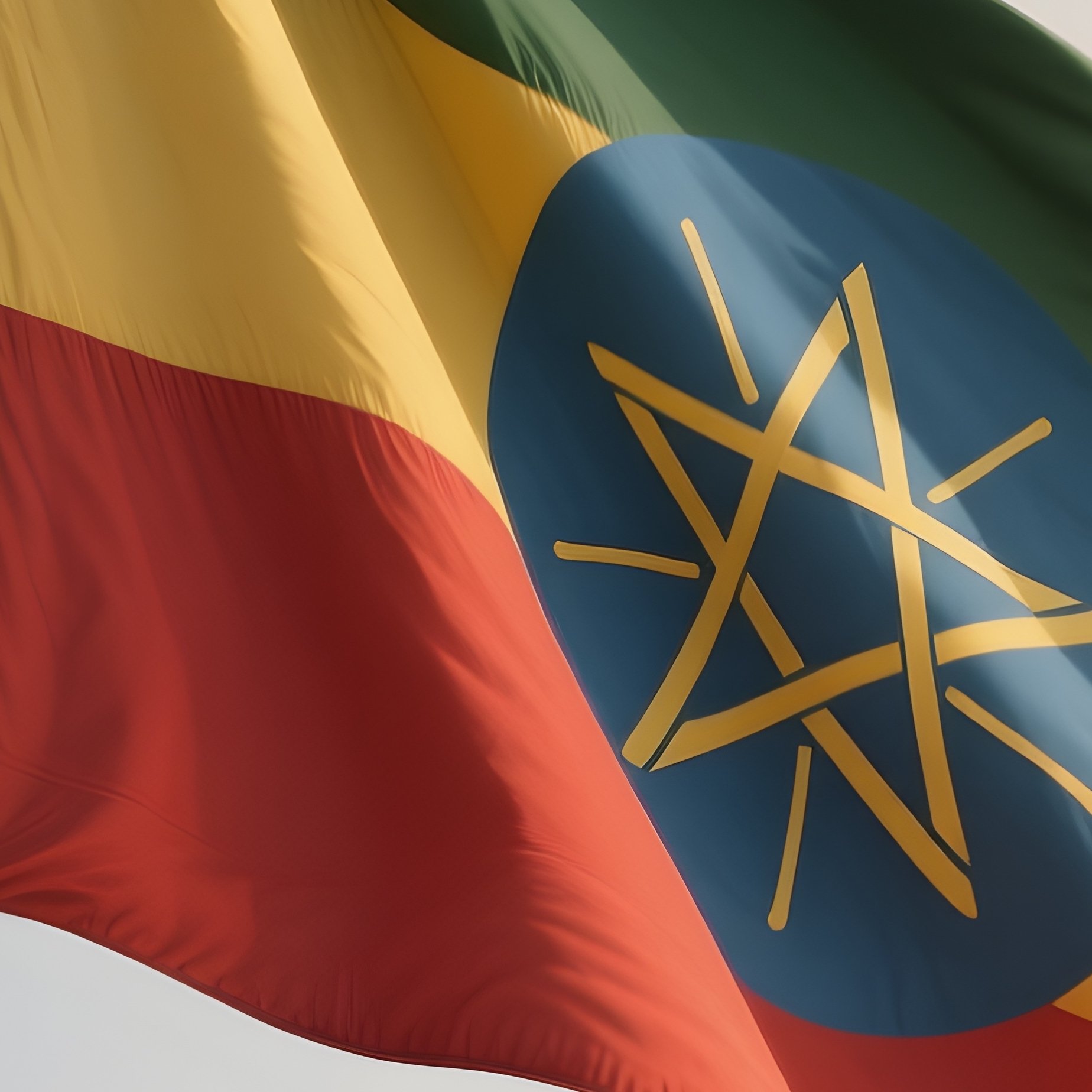 A Photorealistic Scene Of The National Flag Of Ethiopia Flying At Half Mast On A Tall Flagpole, Gently Lowering In The Wind Against A Respectful, Calm Backdrop With Soft Natural Lighting. - Full Resolution Quality Preview