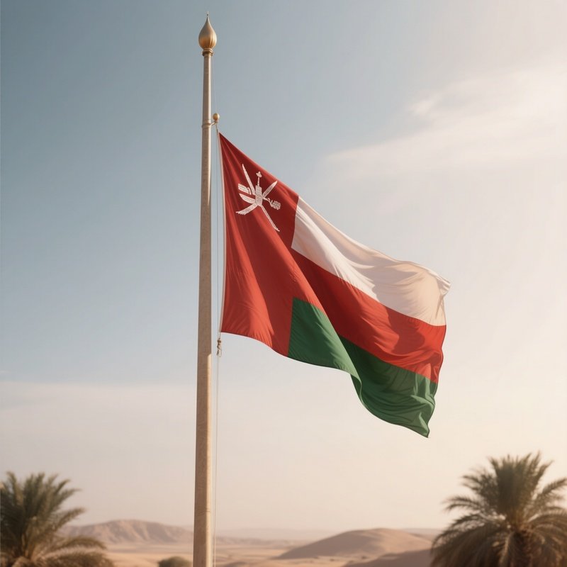 A Photorealistic Scene Of The National Flag Of Oman Flying At Half Mast On A Tall Flagpole, Gently Lowering In The Wind Against A Respectful, Calm Backdrop With Soft Natural Lighting.