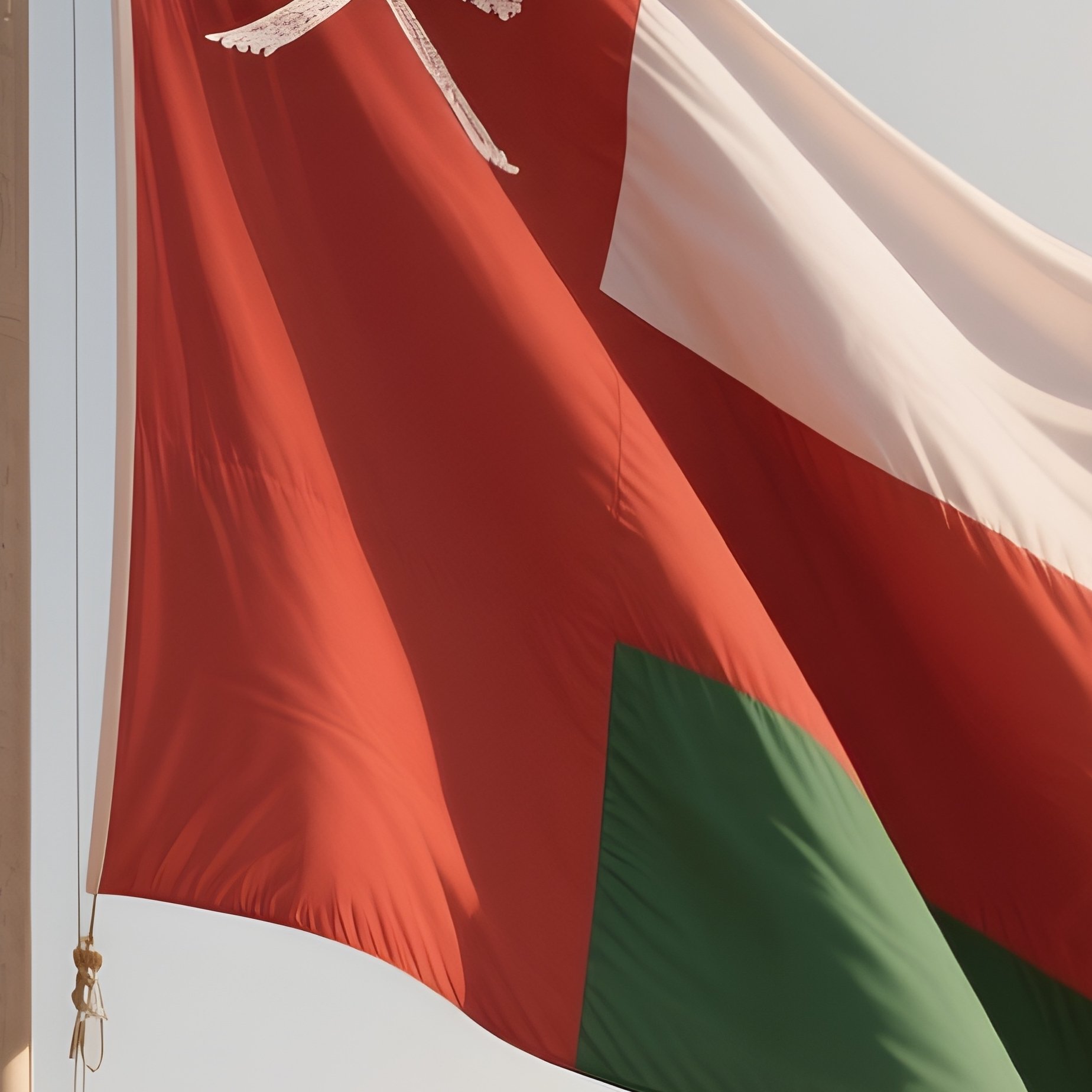 A Photorealistic Scene Of The National Flag Of Oman Flying At Half Mast On A Tall Flagpole, Gently Lowering In The Wind Against A Respectful, Calm Backdrop With Soft Natural Lighting. - Full Resolution Quality Preview