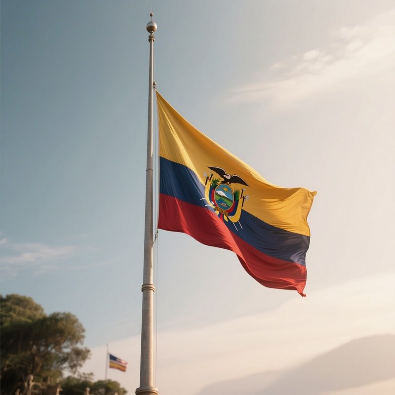 A Photorealistic Scene Of The National Flag Of Ecuador Flying At Half Mast On A Tall Flagpole, Gently Lowering In The Wind Against A Respectful, Calm Backdrop With Soft Natural Lighting.