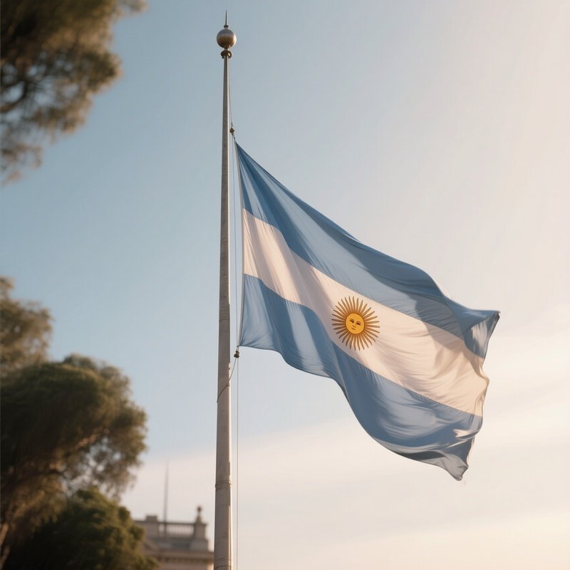 A Photorealistic Scene Of The National Flag Of Argentina Flying At Half Mast On A Tall Flagpole, Gently Lowering In The Wind Against A Respectful, Calm Backdrop With Soft Natural Lighting.