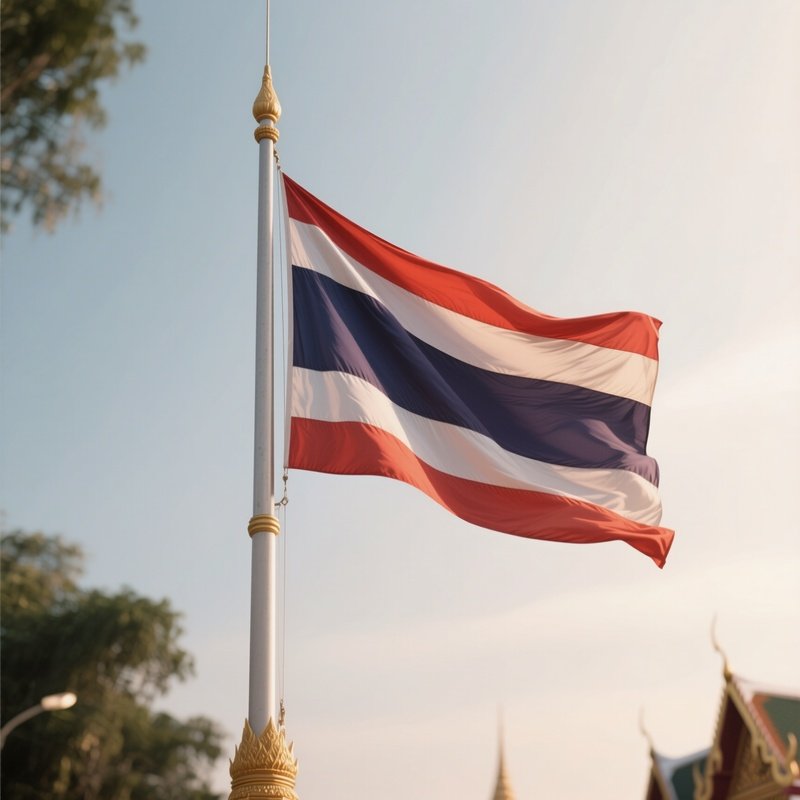 A Photorealistic Scene Of The National Flag Of Thailand Flying At Half Mast On A Tall Flagpole, Gently Lowering In The Wind Against A Respectful, Calm Backdrop With Soft Natural Lighting.