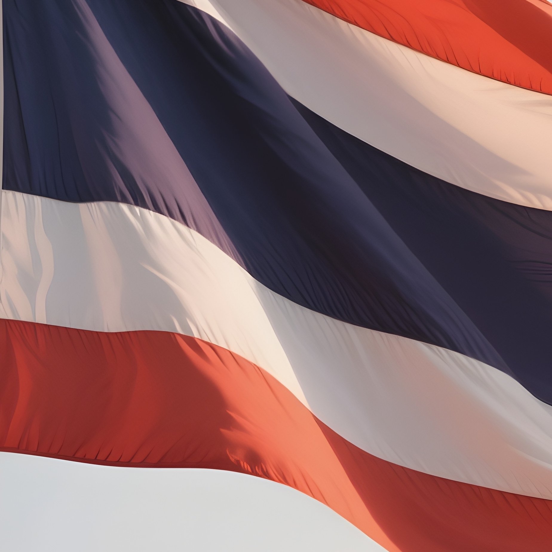 A Photorealistic Scene Of The National Flag Of Thailand Flying At Half Mast On A Tall Flagpole, Gently Lowering In The Wind Against A Respectful, Calm Backdrop With Soft Natural Lighting. - Full Resolution Quality Preview