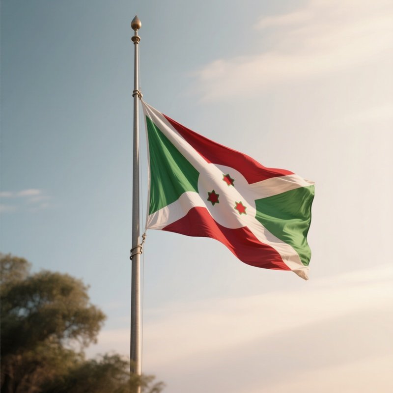 A Photorealistic Scene Of The National Flag Of Burundi Flying At Half Mast On A Tall Flagpole, Gently Lowering In The Wind Against A Respectful, Calm Backdrop With Soft Natural Lighting.