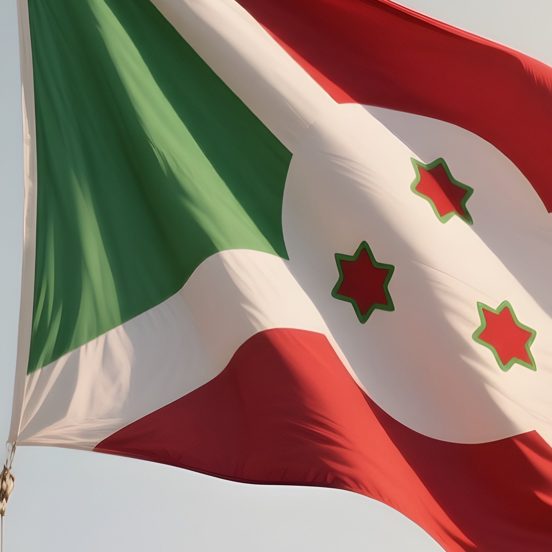 A Photorealistic Scene Of The National Flag Of Burundi Flying At Half Mast On A Tall Flagpole, Gently Lowering In The Wind Against A Respectful, Calm Backdrop With Soft Natural Lighting. - Full Resolution Quality Preview