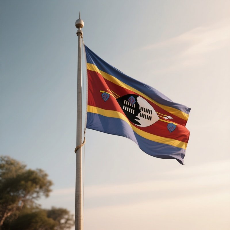 A Photorealistic Scene Of The National Flag Of Eswatini Flying At Half Mast On A Tall Flagpole, Gently Lowering In The Wind Against A Respectful, Calm Backdrop With Soft Natural Lighting.