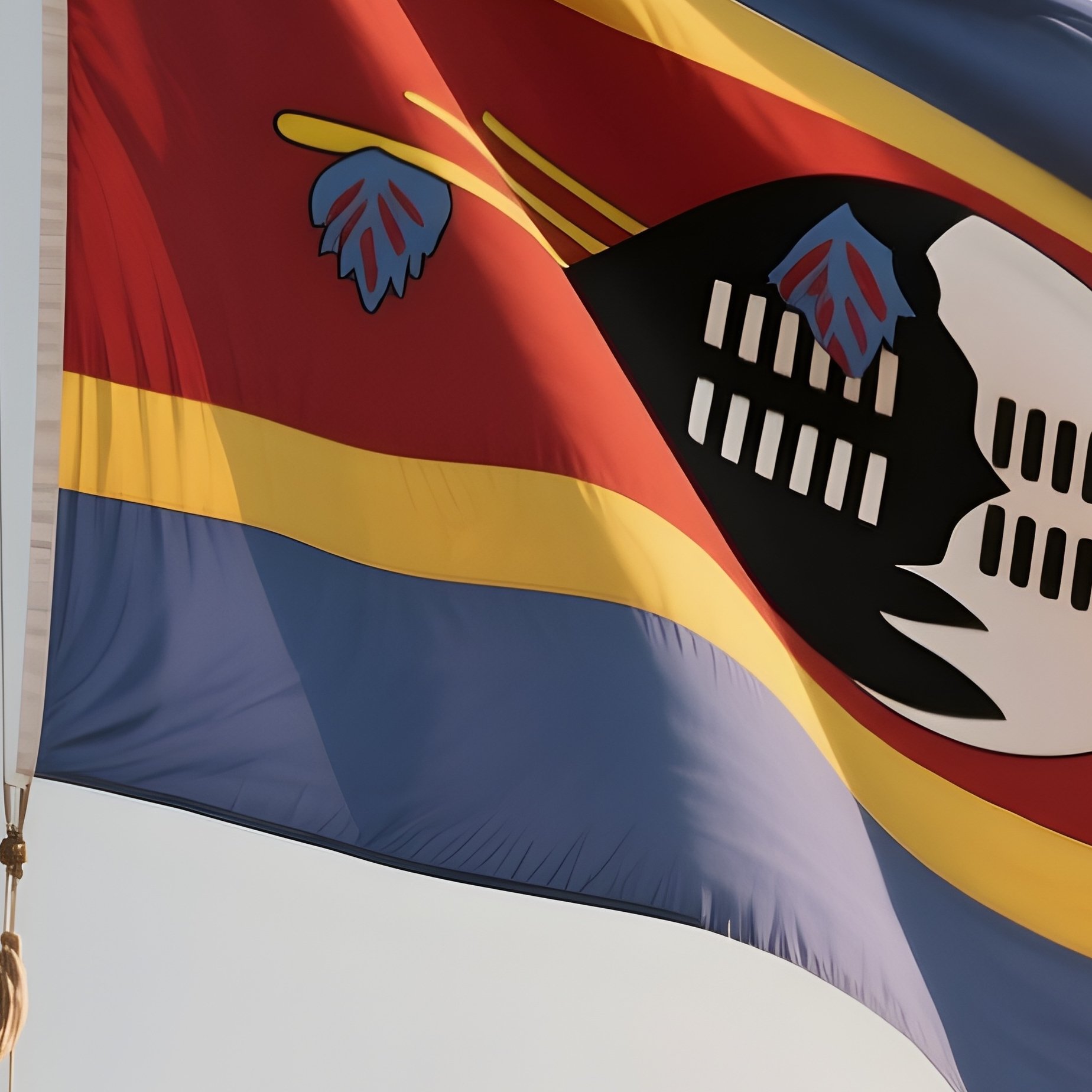 A Photorealistic Scene Of The National Flag Of Eswatini Flying At Half Mast On A Tall Flagpole, Gently Lowering In The Wind Against A Respectful, Calm Backdrop With Soft Natural Lighting. - Full Resolution Quality Preview