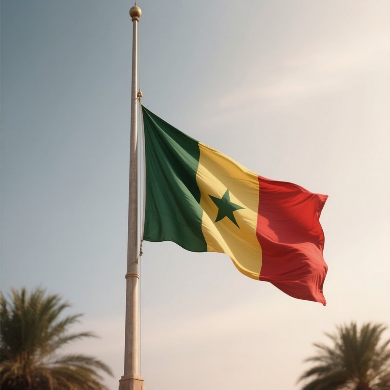 A Photorealistic Scene Of The National Flag Of Senegal Flying At Half Mast On A Tall Flagpole, Gently Lowering In The Wind Against A Respectful, Calm Backdrop With Soft Natural Lighting.