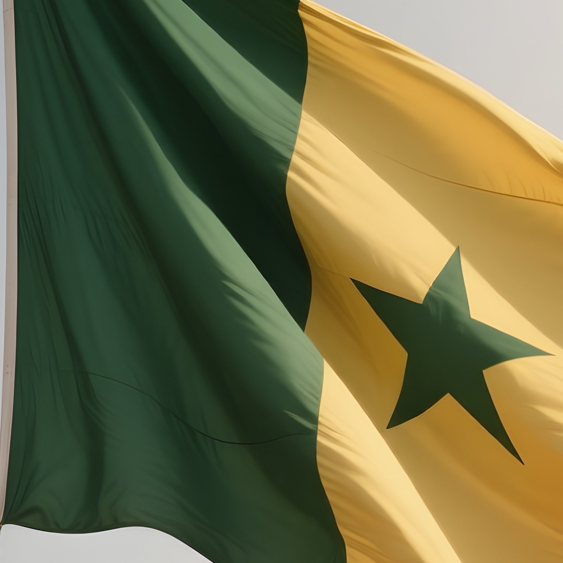 A Photorealistic Scene Of The National Flag Of Senegal Flying At Half Mast On A Tall Flagpole, Gently Lowering In The Wind Against A Respectful, Calm Backdrop With Soft Natural Lighting. - Full Resolution Quality Preview