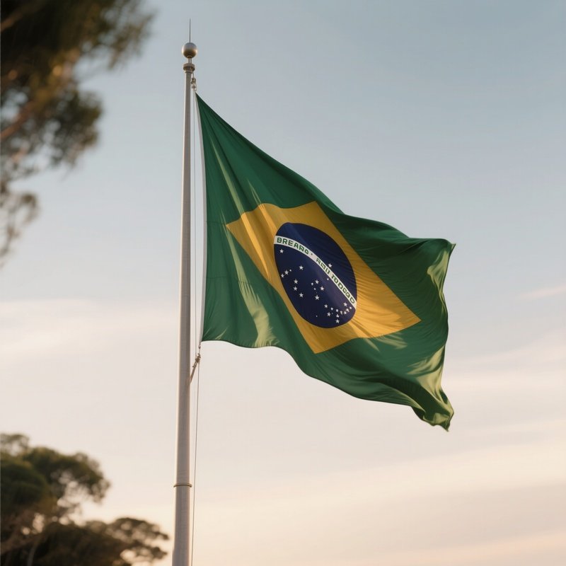 A Photorealistic Scene Of The National Flag Of Brazil Flying At Half Mast On A Tall Flagpole, Gently Lowering In The Wind Against A Respectful, Calm Backdrop With Soft Natural Lighting.