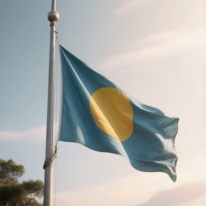 A Photorealistic Scene Of The National Flag Of Palau Flying At Half Mast On A Tall Flagpole, Gently Lowering In The Wind Against A Respectful, Calm Backdrop With Soft Natural Lighting.