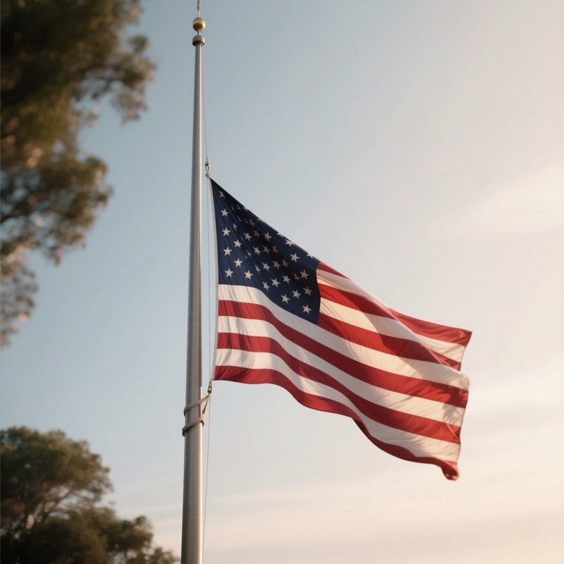 A Photorealistic Scene Of The National Flag Of United States Flying At Half Mast On A Tall Flagpole, Gently Lowering In The Wind Against A Respectful, Calm Backdrop With Soft Natural Lighting.