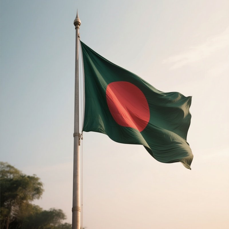 A Photorealistic Scene Of The National Flag Of Bangladesh Flying At Half Mast On A Tall Flagpole, Gently Lowering In The Wind Against A Respectful, Calm Backdrop With Soft Natural Lighting.