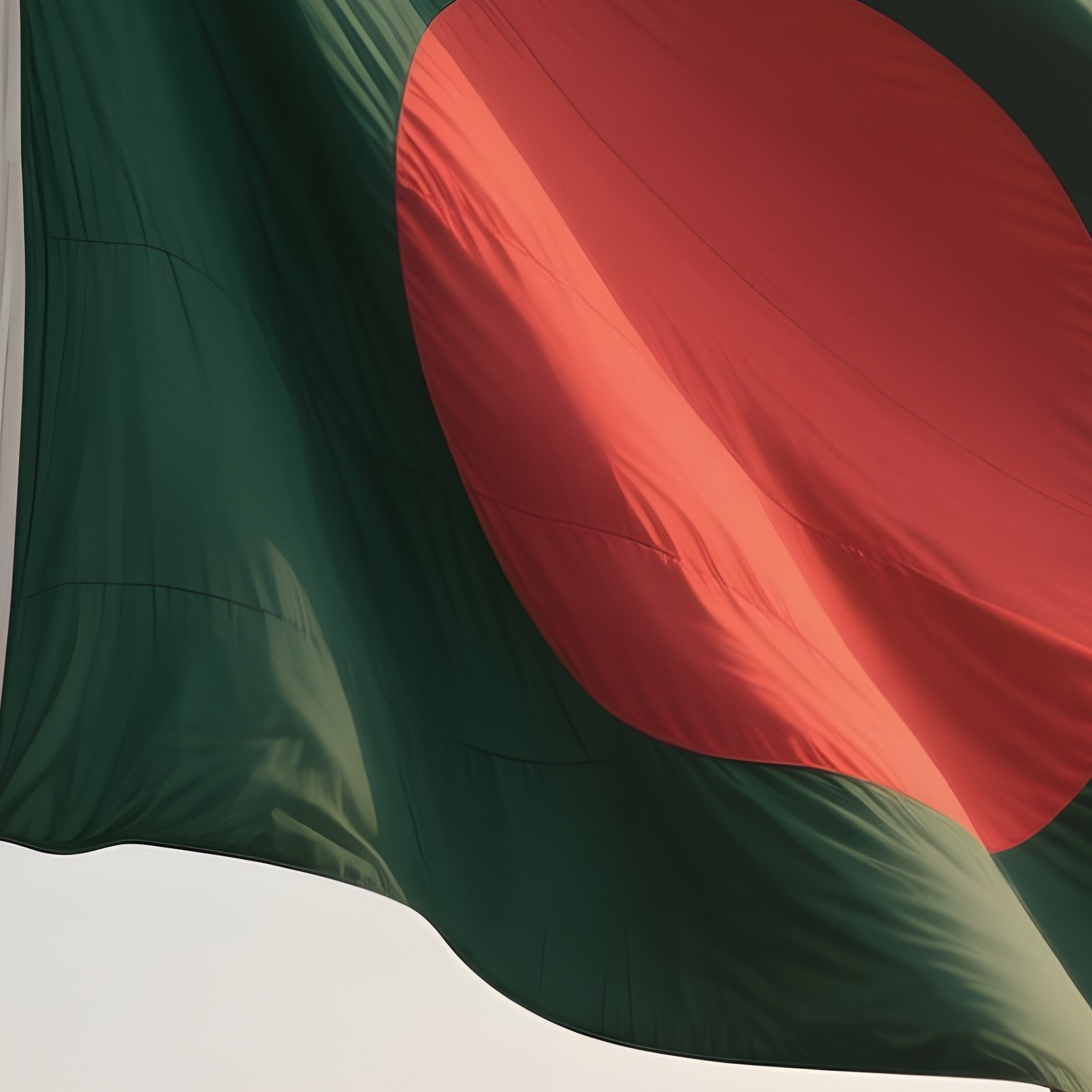 A Photorealistic Scene Of The National Flag Of Bangladesh Flying At Half Mast On A Tall Flagpole, Gently Lowering In The Wind Against A Respectful, Calm Backdrop With Soft Natural Lighting. - Full Resolution Quality Preview