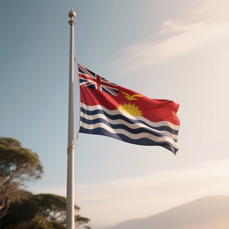 A Photorealistic Scene Of The National Flag Of Kiribati Flying At Half Mast On A Tall Flagpole, Gently Lowering In The Wind Against A Respectful, Calm Backdrop With Soft Natural Lighting.