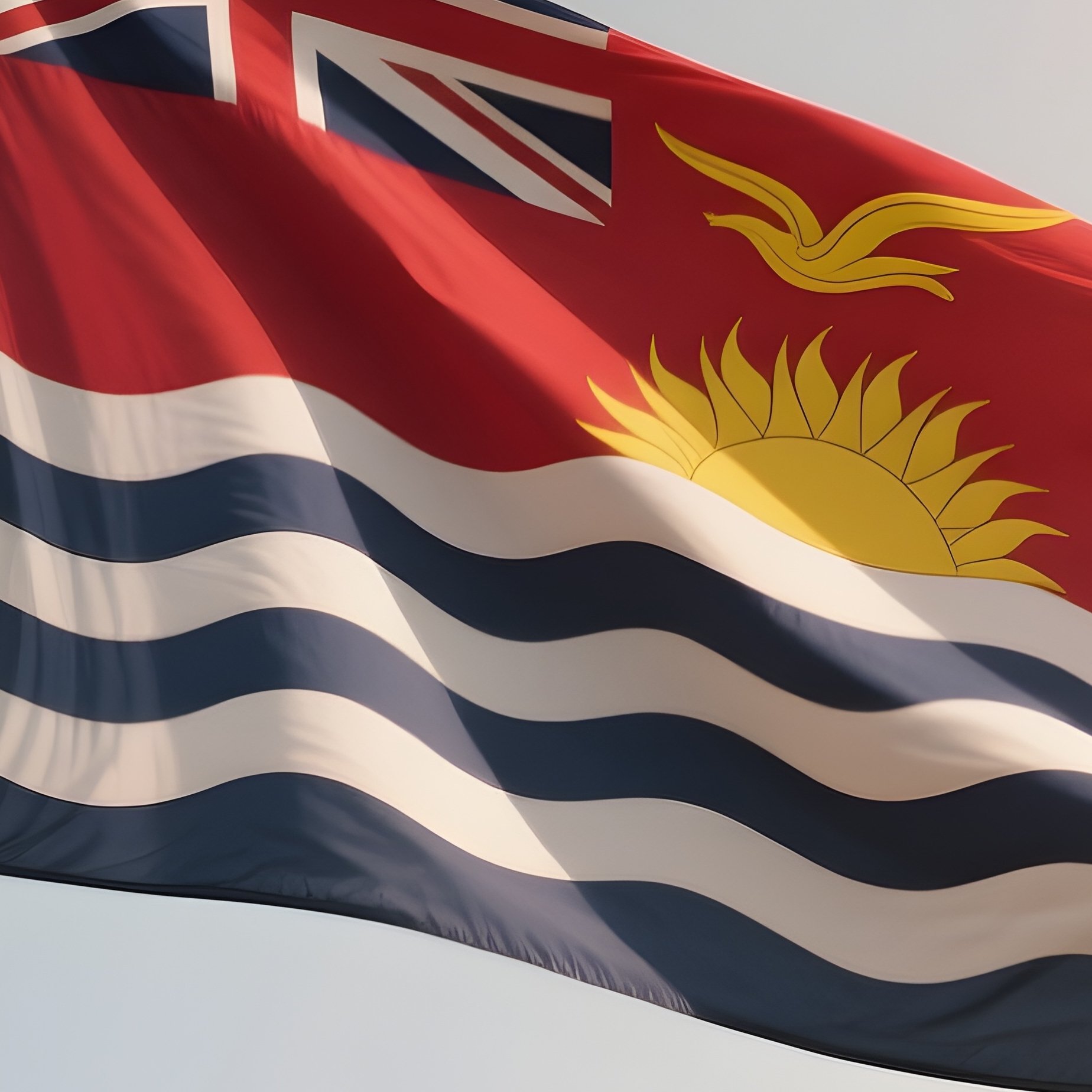A Photorealistic Scene Of The National Flag Of Kiribati Flying At Half Mast On A Tall Flagpole, Gently Lowering In The Wind Against A Respectful, Calm Backdrop With Soft Natural Lighting. - Full Resolution Quality Preview