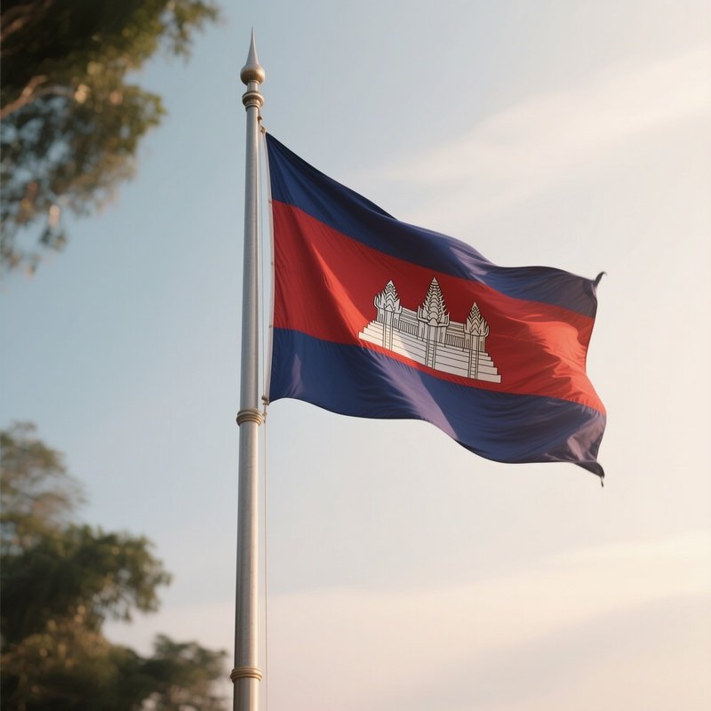 A Photorealistic Scene Of The National Flag Of Cambodia Flying At Half Mast On A Tall Flagpole, Gently Lowering In The Wind Against A Respectful, Calm Backdrop With Soft Natural Lighting.
