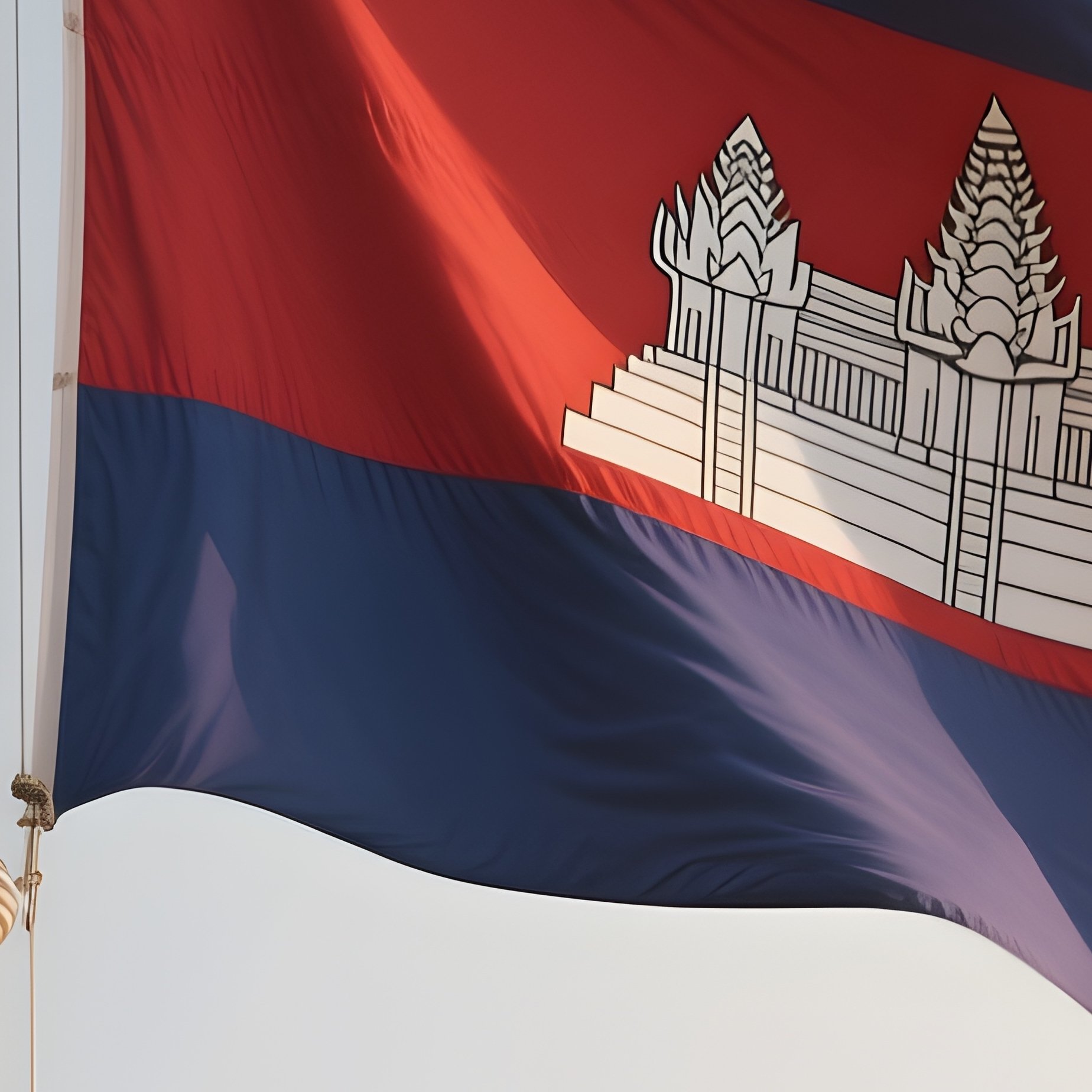 A Photorealistic Scene Of The National Flag Of Cambodia Flying At Half Mast On A Tall Flagpole, Gently Lowering In The Wind Against A Respectful, Calm Backdrop With Soft Natural Lighting. - Full Resolution Quality Preview