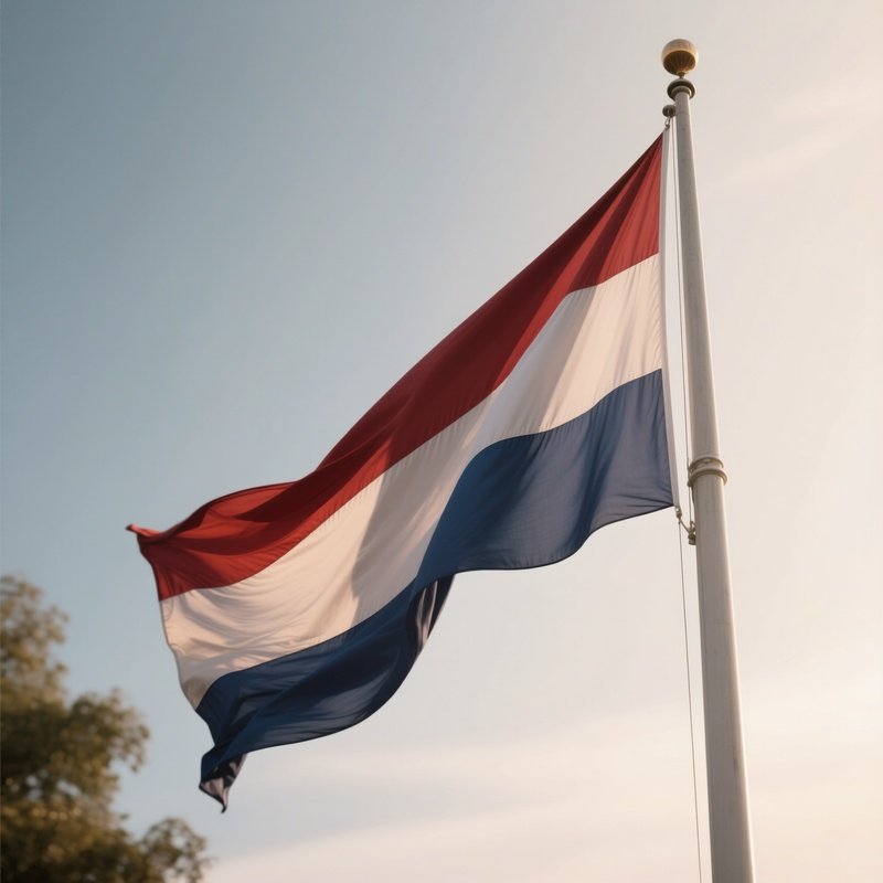 A Photorealistic Scene Of The National Flag Of Netherlands Flying At Half Mast On A Tall Flagpole, Gently Lowering In The Wind Against A Respectful, Calm Backdrop With Soft Natural Lighting.