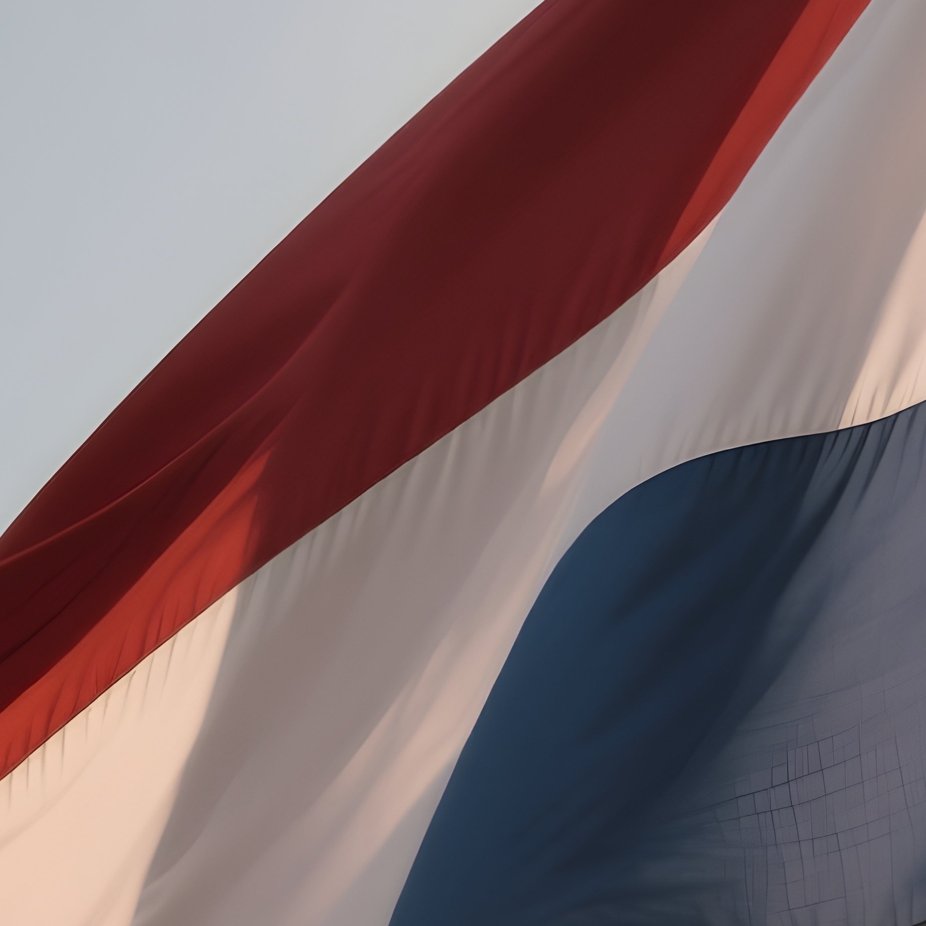 A Photorealistic Scene Of The National Flag Of Netherlands Flying At Half Mast On A Tall Flagpole, Gently Lowering In The Wind Against A Respectful, Calm Backdrop With Soft Natural Lighting. - Full Resolution Quality Preview