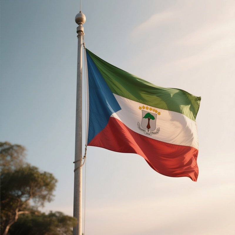 A Photorealistic Scene Of The National Flag Of Equatorial Guinea Flying At Half Mast On A Tall Flagpole, Gently Lowering In The Wind Against A Respectful, Calm Backdrop With Soft Natural Lighting.
