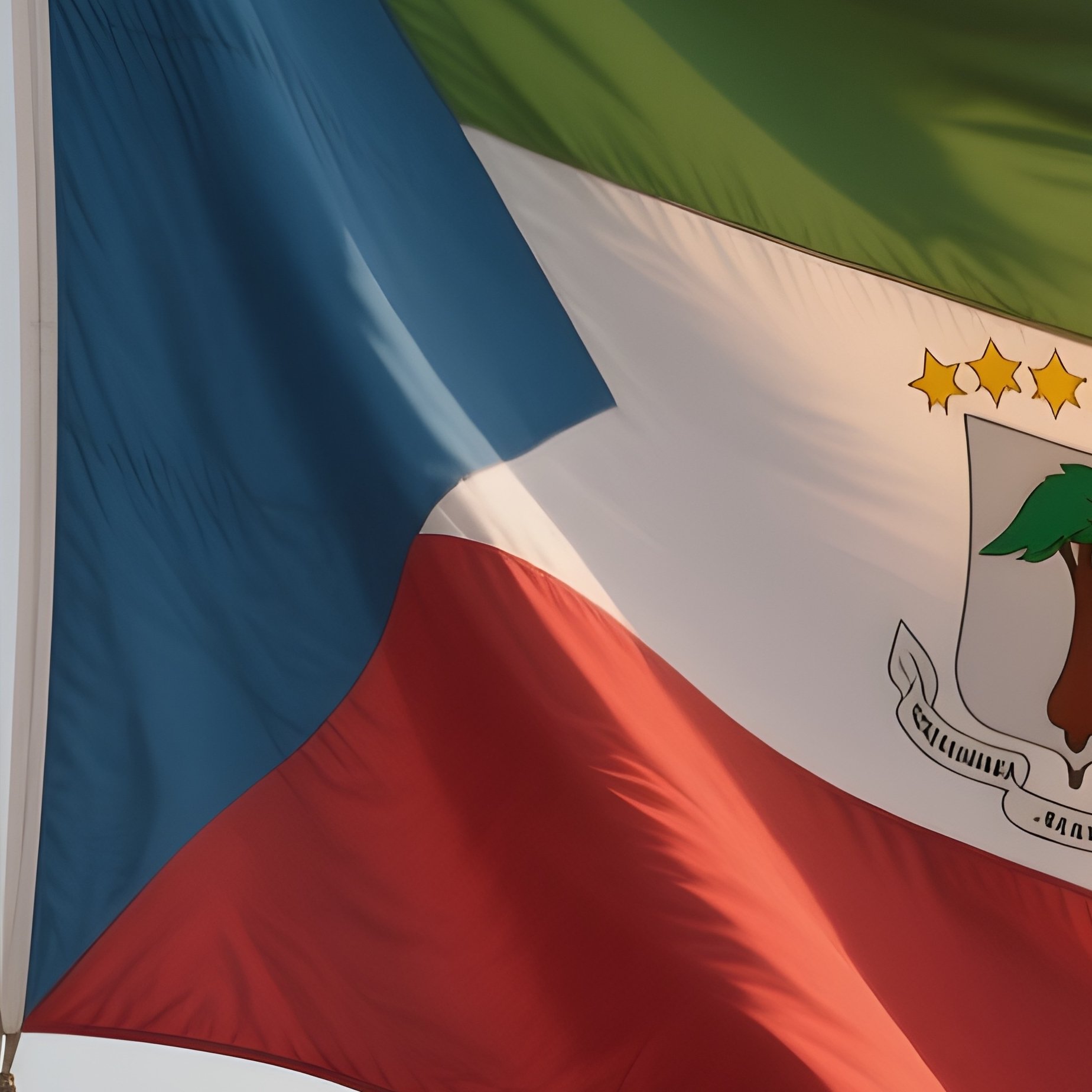 A Photorealistic Scene Of The National Flag Of Equatorial Guinea Flying At Half Mast On A Tall Flagpole, Gently Lowering In The Wind Against A Respectful, Calm Backdrop With Soft Natural Lighting. - Full Resolution Quality Preview