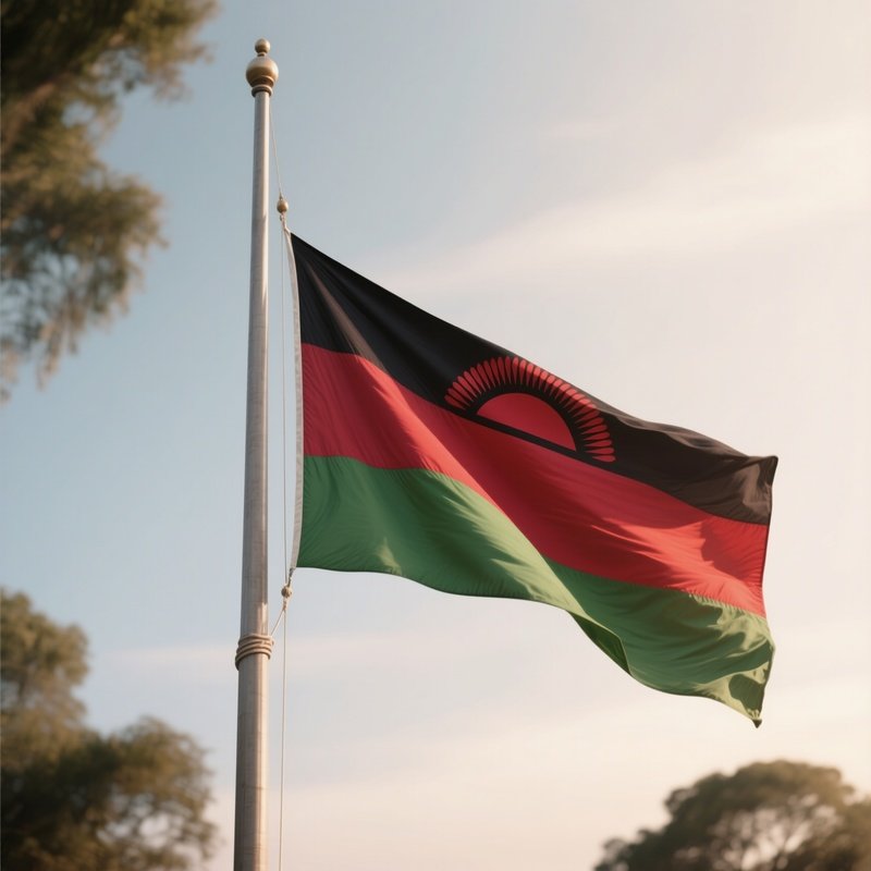 A Photorealistic Scene Of The National Flag Of Malawi Flying At Half Mast On A Tall Flagpole, Gently Lowering In The Wind Against A Respectful, Calm Backdrop With Soft Natural Lighting.