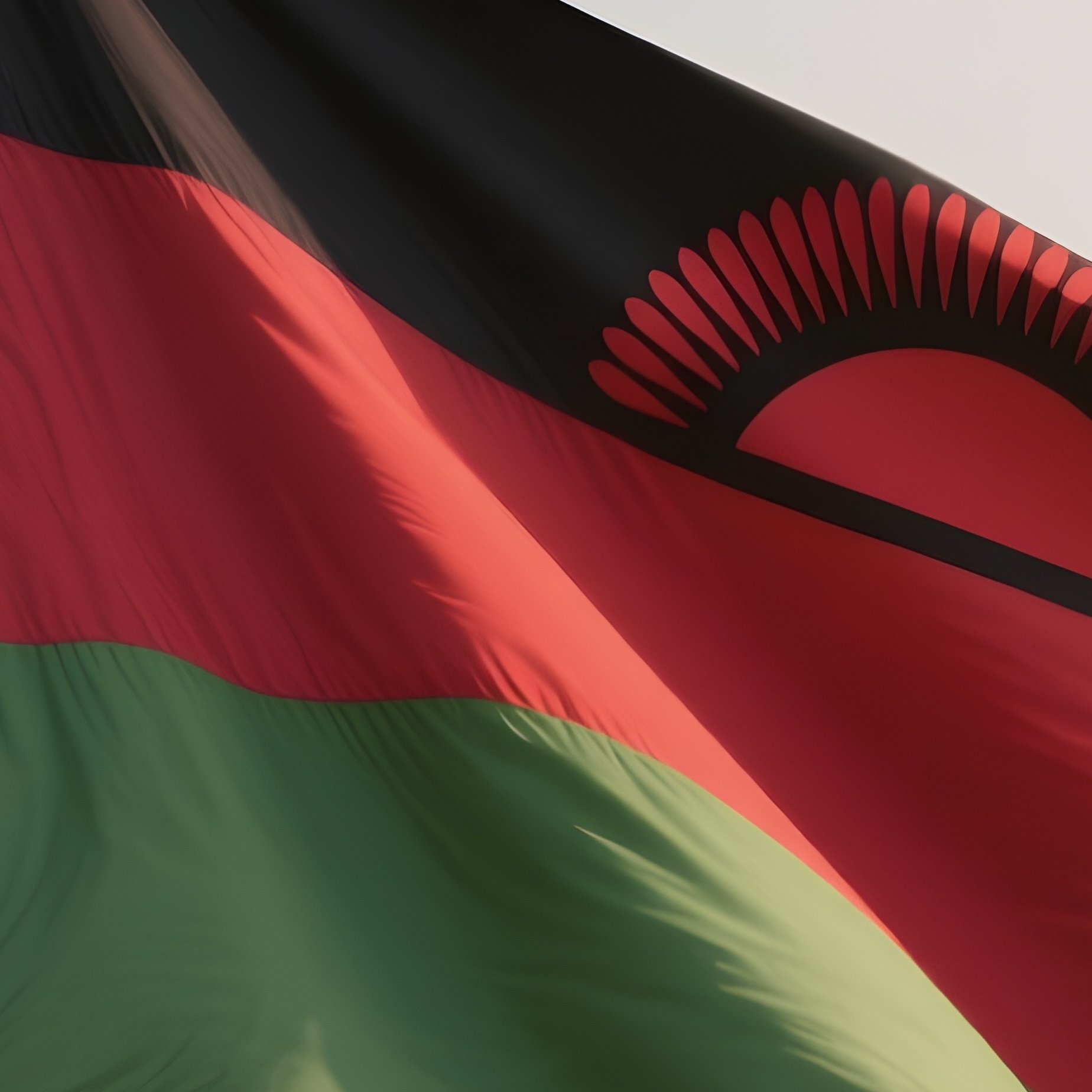 A Photorealistic Scene Of The National Flag Of Malawi Flying At Half Mast On A Tall Flagpole, Gently Lowering In The Wind Against A Respectful, Calm Backdrop With Soft Natural Lighting. - Full Resolution Quality Preview